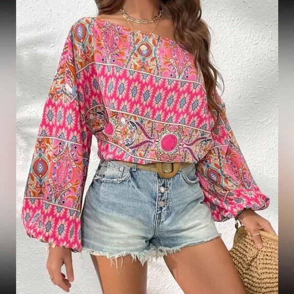 Boho floral print off shoulder lantern sleeve blouse - Picture 8 of 16